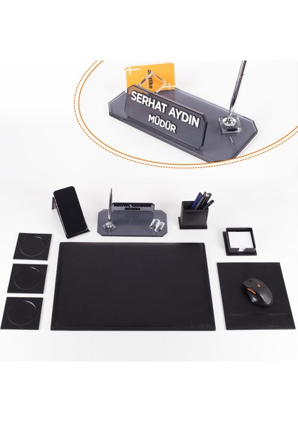 Sierra Ofis Siyah Deri Sümen Takımı ve Kristal Masa Isimliği Ofis Masa Sümen Seti ve Isimlik