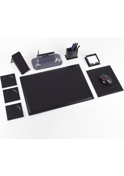 Sierra Ofis Siyah Deri Sümen Takımı ve Kristal Masa Isimliği Ofis Masa Sümen Seti ve Isimlik modelleri