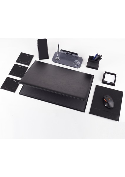 Sierra Ofis Siyah Deri Sümen Takımı ve Kristal Masa Isimliği Ofis Masa Sümen Seti ve Isimlik fırsatları