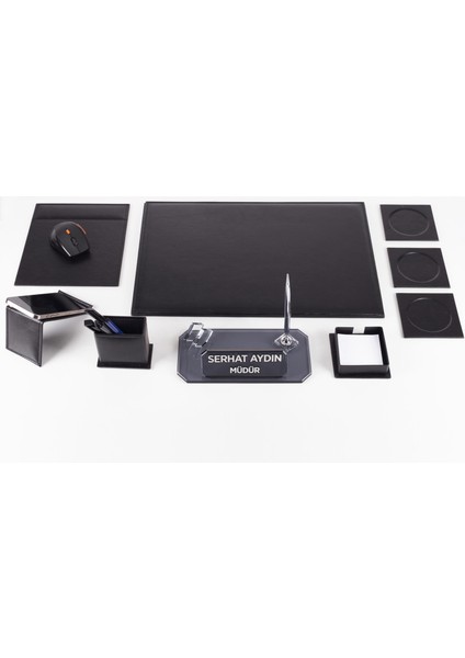 Sierra Ofis Siyah Deri Sümen Takımı ve Kristal Masa Isimliği Ofis Masa Sümen Seti ve Isimlik indirimleri