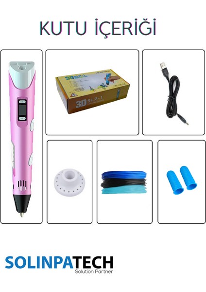Pembe 3D Pen Üç Boyutlu Yazıcı Kalem Printer (3 Adet 3 Metre Filament -9 Metre- ve USB Kablo Dahil)