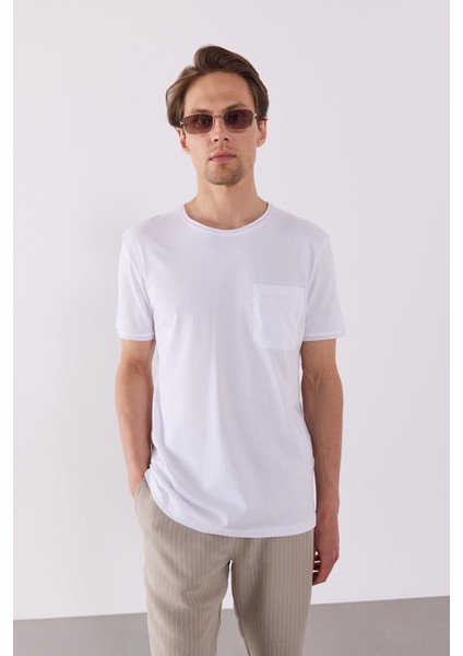 Simon Bisiklet Yaka Cep Detaylı Basic Tişört - Beyaz fiyatları