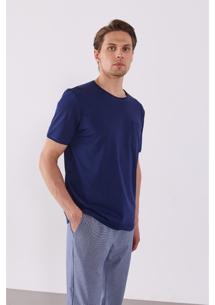 Simon Bisiklet Yaka Cep Detaylı Basic Tişört - Lacivert fiyatları