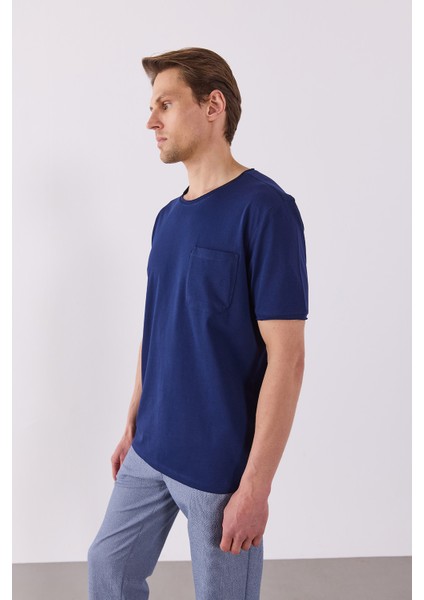 Simon Bisiklet Yaka Cep Detaylı Basic Tişört - Lacivert modelleri
