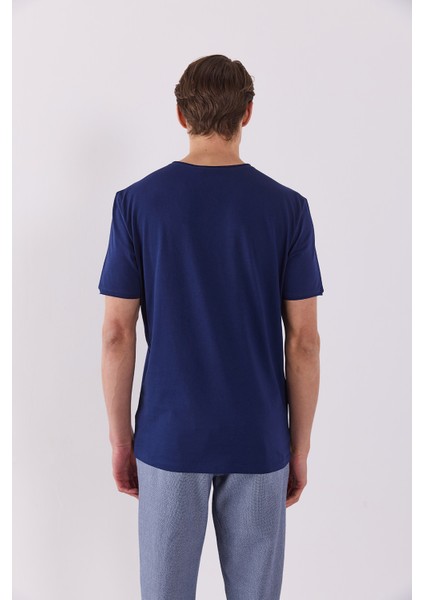 Simon Bisiklet Yaka Cep Detaylı Basic Tişört - Lacivert fırsatları