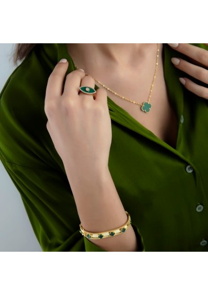 Gold Renk Emerald Sıralı Ithal Yonca Kelepçe Bileklik Vip Kalite