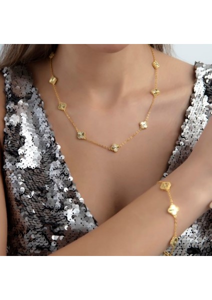 Gold Renk Sıralı Yonca Bileklik Vip Kalite