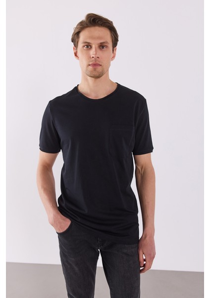 Simon Bisiklet Yaka Cep Detaylı Basic Tişört - Siyah