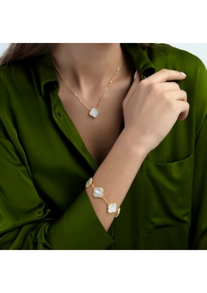 Gold Renk Sedef Krem Ithal Yonca Bileklik Vip Kalite