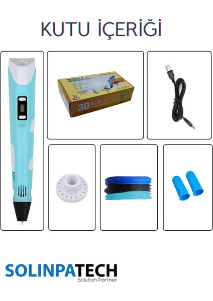 Mavi 3D Pen Üç Boyutlu Yazıcı Kalem Printer (3 Adet 3 Metre Filament -9 Metre- ve USB Kablo Dahil)