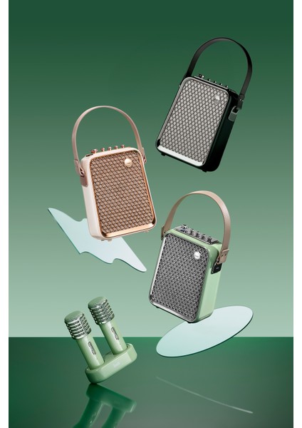 SongBird-HQ Beyaz Çift Karaoke Mikrofonlu 6 Ses Efektli 50 Watt Taşınabilir Bluetooth Hoparlör