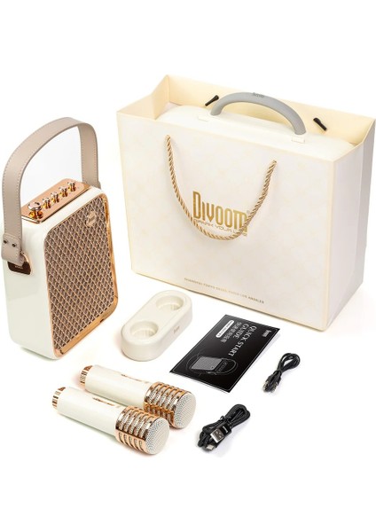 SongBird-HQ Beyaz Çift Karaoke Mikrofonlu 6 Ses Efektli 50 Watt Taşınabilir Bluetooth Hoparlör