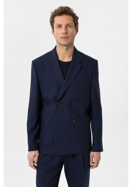 Lacivert Relax Fit Keten Karışımlı Erkek Blazer Ceket
