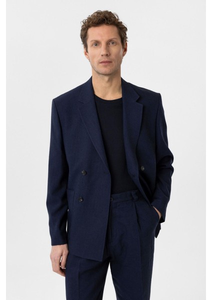 Lacivert Relax Fit Keten Karışımlı Erkek Blazer Ceket fiyatları