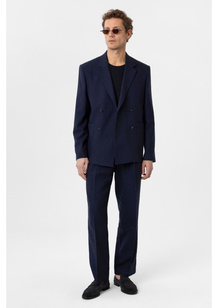 Lacivert Relax Fit Keten Karışımlı Erkek Blazer Ceket modelleri