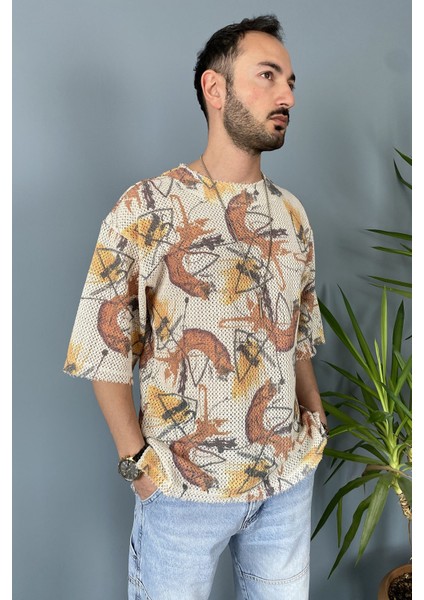 Oversize Tişört Bisiklet Yaka Jakarlı Tişört