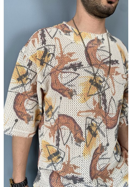 Oversize Tişört Bisiklet Yaka Jakarlı Tişört modelleri