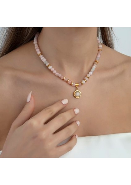 Pembe Quartz Taşlı Özel Tasarım Kolye
