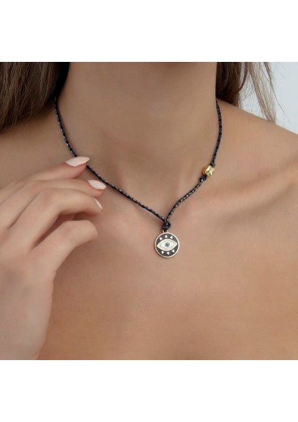 Lacivert Gold Lurex Özel Ipli Taşlı Evil Eye Trend Kolye