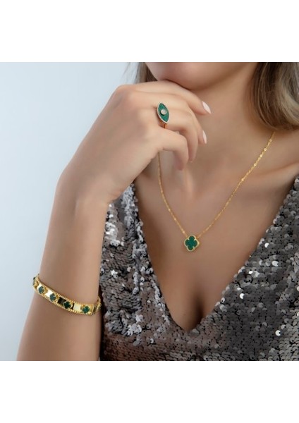 Gold Renk Emerald Ithal Yonca Kolye Vip Kalite