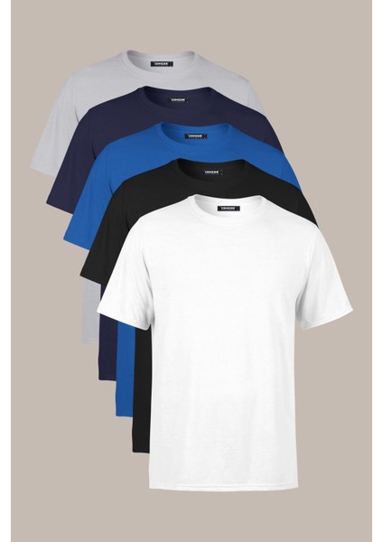 Erkek Çok Renkli T- Shirt Regular Fit Rahat Kesim Bisiklet Yaka 5'li Basic Tişört Paketi