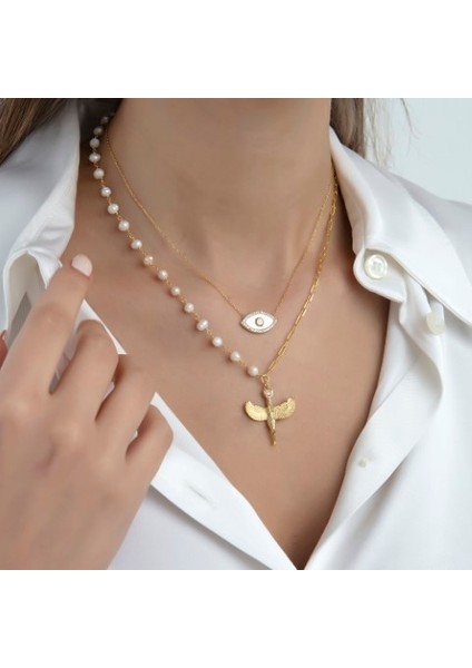 Gold Renk Sedef Evil Eye Kolye