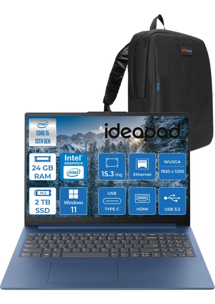 Ideapad Slim 3 15IRH10 Intel Core I5 13420H 24GB 1tb SSD + 1tb SSD Windows 11 Home 15.3" Wuxga (1920X1200) IPS 300NITS Taşınabilir Bilgisayar 83K10062TRH06 + Zetta Çanta