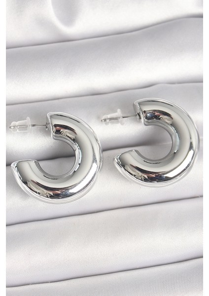 Pirinç Gümüş Renk Yarım Halka Model Ccb Kadın Küpe