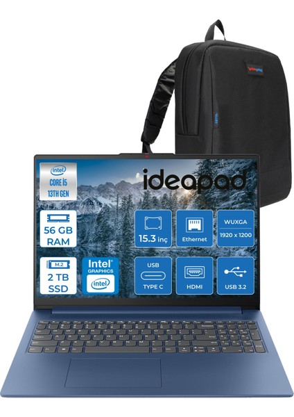 Ideapad Slim 3 15IRH10 Intel Core I5 13420H 56 GB 1tb SSD + 1tb SSD Freedos 15.3" Wuxga (1920X1200) IPS 300NITS Taşınabilir Bilgisayar 83K10062TRF12 + Zetta Çanta