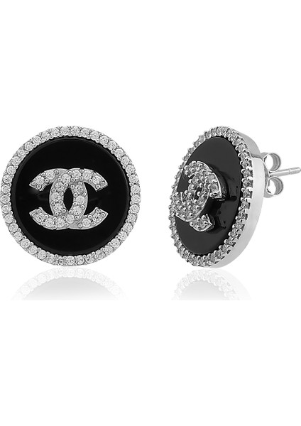 Silver Renk Siyah Üstü 'c' Logolu Taşlı Fancy Küpe Vip Kalite fiyatları