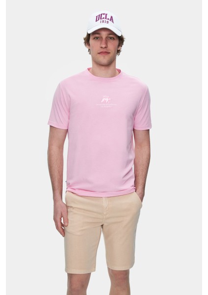 Fabıo Açık Pembe Bisiklet Yaka Baskılı Standard Fit Erkek Tshirt