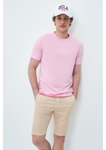Fabıo Açık Pembe Bisiklet Yaka Baskılı Standard Fit Erkek Tshirt