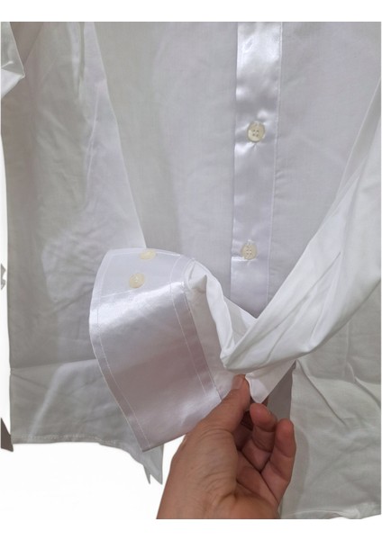 S Beden Slim Fit Saten Parlak Yaka-Manşet Detaylı Sahne Kostümü, Düğün,damat, Sağdıç Slim Fit Tek Renk Sade Desensiz Erkek Gömleği