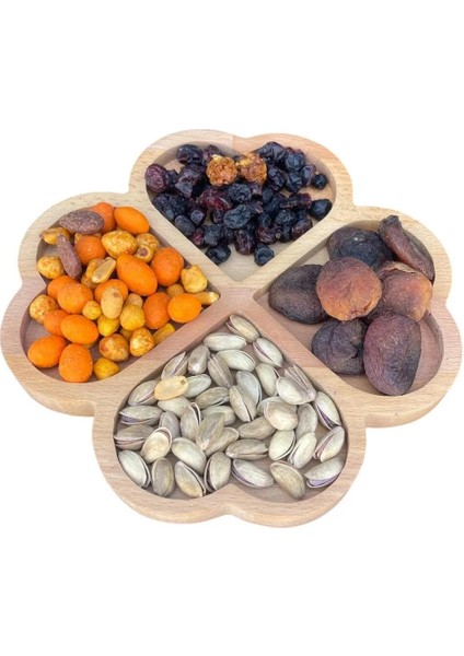 Yonca Şekilli 4 Gözlü Kalp Desenli Çerez Sunumluk – Şık Kayın Ahşap Tasarım -- Yonca Çerezlik