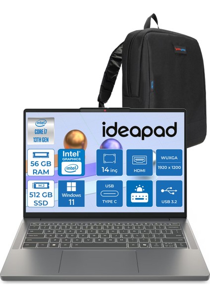 Ideapad Slim 3 14IRH10 Intel Core I7 13620H 56 GB 512 GB SSD Windows 11 Pro 14" Wuxga (1920X1200) IPS 300NITS Taşınabilir Bilgisayar 83K0002ATRP10 + Zetta Çanta