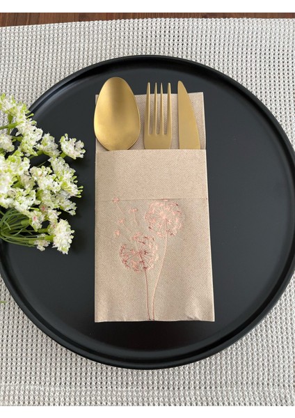 Rose Gold Yaldızlı Kraft Cepli Hindiba Çiçeği Peçete 12 Adet