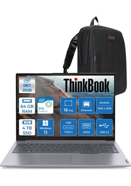 Thinkbook 16 G6 Irl Intel Core I7 13700H 64GB Ddr5 4tb SSD Intel Iris Xe 16" Wuxga 300NITS IPS Windows 11 Home Taşınabilir Bilgisayar 21KH00V1TRH24 + Zetta Çanta