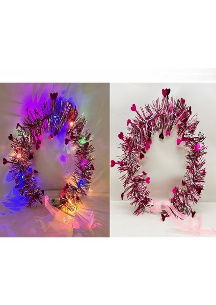 Kalp Püsküllü 3 Modlu LED Işıklı Taç Fuşya Renk