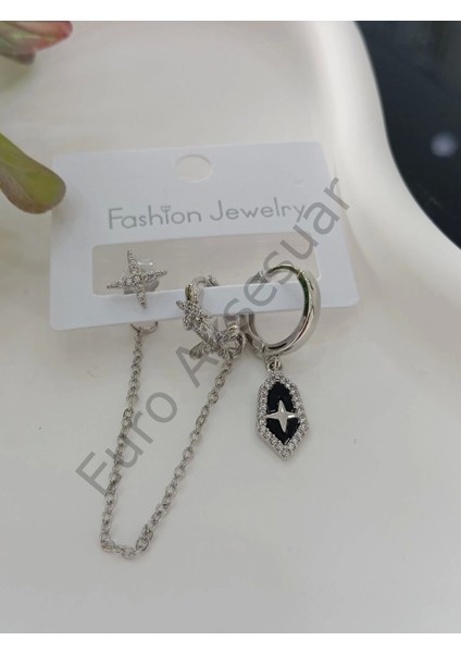 Silver Zincir Detaylı Vip Üçlü Küpe