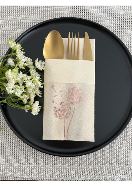 Rose Gold Yaldızlı Kumaş Dokulu Air Laid Kanguru Hindiba Krem Cepli Peçete 6'lı
