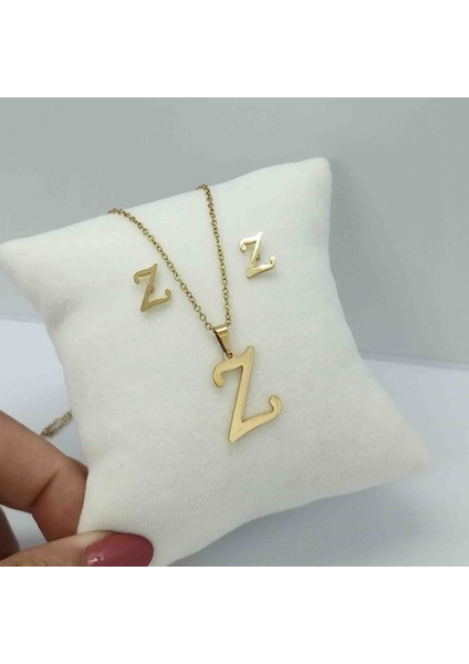 Çelik Gold Z Harfi Kolye Küpe Seti