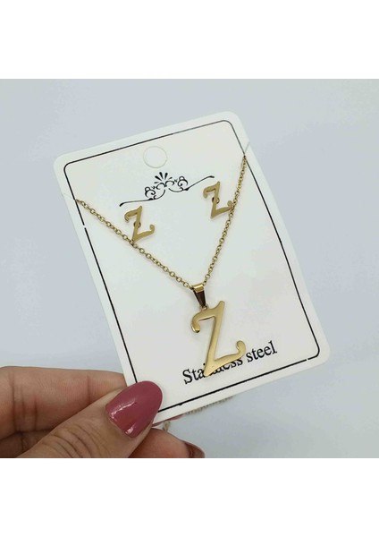 Çelik Gold Z Harfi Kolye Küpe Seti