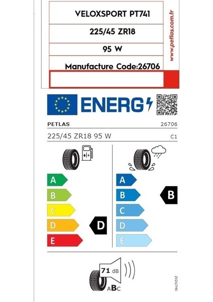 225/45 R18 Tl 95W Reınf. Velox Sport PT741 Yaz Lastiği (Üretim Tarihi: 2025) fiyatları