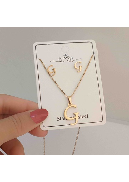 Çelik Gold Ç Harfi Kolye Küpe Seti