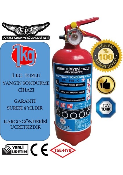 1 Kg Yangın Tüpü Askısız Tüv-Türk Uyumlu 4 yı garantili