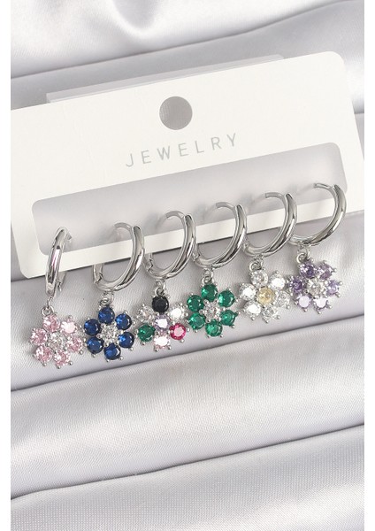Pirinç Gümüş Renk Sallantı Renkli Zirkon Taşlı Çiçek Model Kadın Küpe Seti