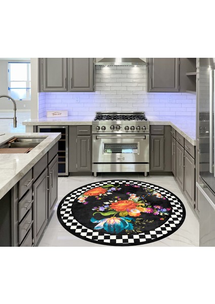 Çiçekli Damalı Yuvarlak Lateks Taban Saçaksız Mutfak Halısı - Siyah