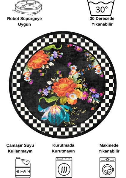 Çiçekli Damalı Yuvarlak Lateks Taban Saçaksız Mutfak Halısı - Siyah fiyatları