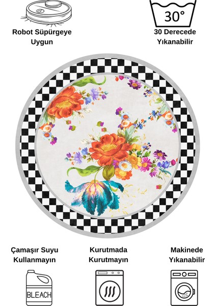 Çiçekli Damalı Yuvarlak Lateks Taban Saçaksız Mutfak Halısı - Gri fiyatları