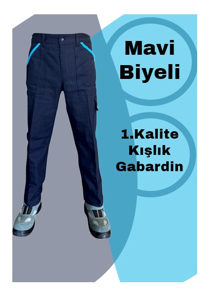 7/7 Gabardin Kışlık Işçi Pantolonu Tek Reflektörlü Mavi Biyeli Kalın Iş Pantolonu